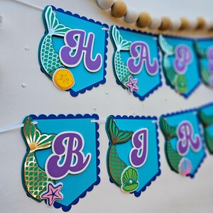 Personalized Mermaid Birthday Banner | Beach Mermaid Tail Party Banner | Blue & Purple Under the Sea Decor | Sea Shell Mermaid Tail Decor