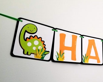 Dinosaur Birthday Banner |  Jungle Happy Birthday Banner| Custom Dinosaur Kid's Name Banner | Dinosaur Party | Orange & Green Dino Party