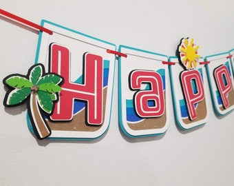 Beach Theme Party Banner for Retirement, Birthday , or Shower | Personalized Party Decor with Beach Background, Palm Trees, Sandals & Sun