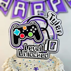 Personalized Gamer Cake Topper | Video Game Birthday Cake Topper | Custom Gaming Birthday Centerpiece | Level Age Unlocked Gamer Party Decor