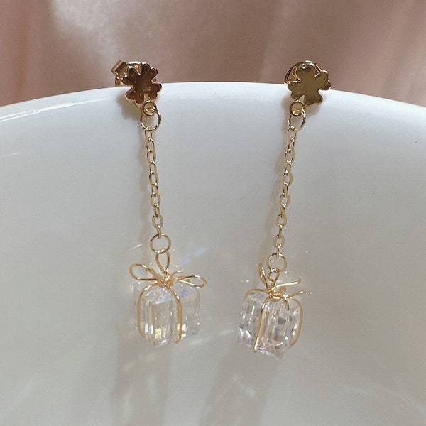 Surprise Mom with our Handmade Clover Cube Crystal Earrings! Dainty Crystal Cube Studs with Gold-Plated Sterling Silver Needles