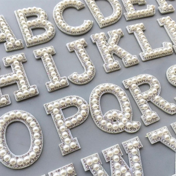 White Pearl and Rhinestone Letter Patches | Iron On | A-Z Letters