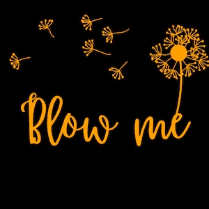 May include: Orange dandelion with seeds blowing in the wind. The text "Blow me" is written below the dandelion.