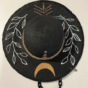 hand painted black straw hat