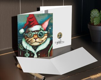 Steampunk Santa Cat Greeting cards (8, 16, or 24 pcs) Oddities - SciFiChristmas - HolidayCards - Cat Lady Cards