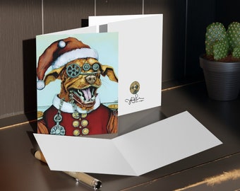 Steampunk Santa Dog - Yellow Labrador Greeting cards (8, 16, or 24 pcs) Oddities - SciFiChristmas - HolidayCards - Quirky