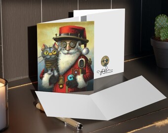 Steampunk Christmas Santa with his Robot Cat: Greeting cards (8, 16, or 24 pcs) Oddities - SciFiChristmas - HolidayCards - Steam Punk
