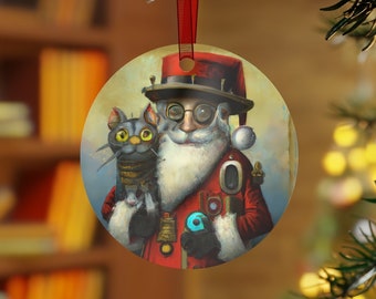 Steampunk Christmas Santa with his Cat Metal Ornament #Robots #Steampunk #SciFiChristmas