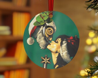 Steampunk Christmas: Under the Mistletoe with Steampunk Santa - Custom Artwork on Metal Christmas Ornament SciFi Christmas #Oddities