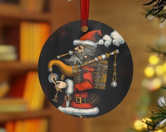 Steampunk Christmas - Bagpipe Santa Printed Metal Custom Artwork Ornament #Scottish #SteampunkSanta #Bagpipes
