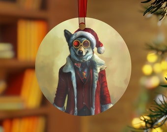Big Bad Wolf Santa - Christmas Ornament - Holiday Stocking Stuffer - Hipster Husky - Funky Animal Ornaments
