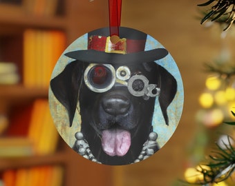 Steam Punk Black Labrador in Goggles Metal Christmas Ornament #Oddities #SciFiChristmas