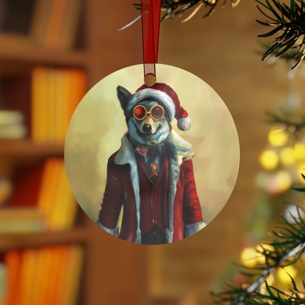 Big Bad Wolf Santa - Christmas Ornament - Holiday Stocking Stuffer - Hipster Husky - Funky Animal Ornaments