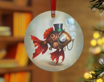 Steampunk Goldfish Christmas Ornament - Holiday Stocking Stuffer - Metal Gift Tag