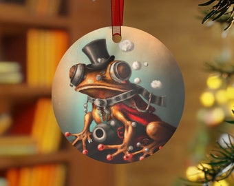 Steampunk Frog Christmas Ornament - Holiday Stocking Stuffer - Metal Gift Tag - Cute Animals