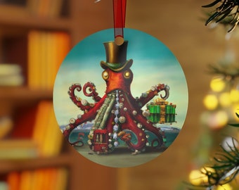 Steampunk Octopus Christmas Metal Christmas Ornament - Geek Holiday Gift - Science Fiction