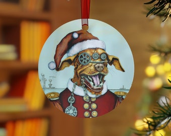 Steampunk Christmas Santa Dog Custom Artwork Printed Metal Christmas Ornament #SteampunkDog #Oddities #UnusualGifts