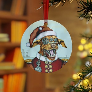 Steampunk Noël Santa Dog Illustration personnalisée Imprimé Ornement de Noël en métal #SteampunkDog #Oddities #UnusualGifts