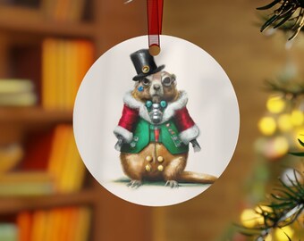 Steampunk Prairie Dog Christmas Ornament - Holiday Stocking Stuffer - Metal Gift Tag - Cute Furry Animals