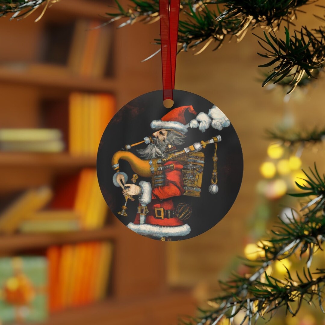 Steampunk Christmas Bagpipe Santa Printed Metal Custom Artwork Ornament