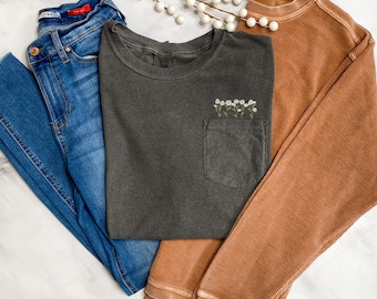 Comfort Colors Embroidered Wildflowers Pocket T-shirt | Peekaboo Multicolored Wildflowers and Wild Daisies Design