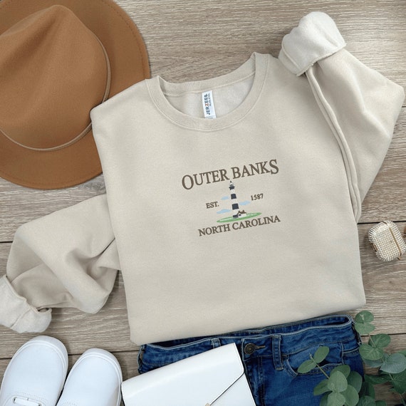 Embroidered Outer Banks NC Crewneck | Lighthouse Design | Vacation Shirt | North Carolina Shirt