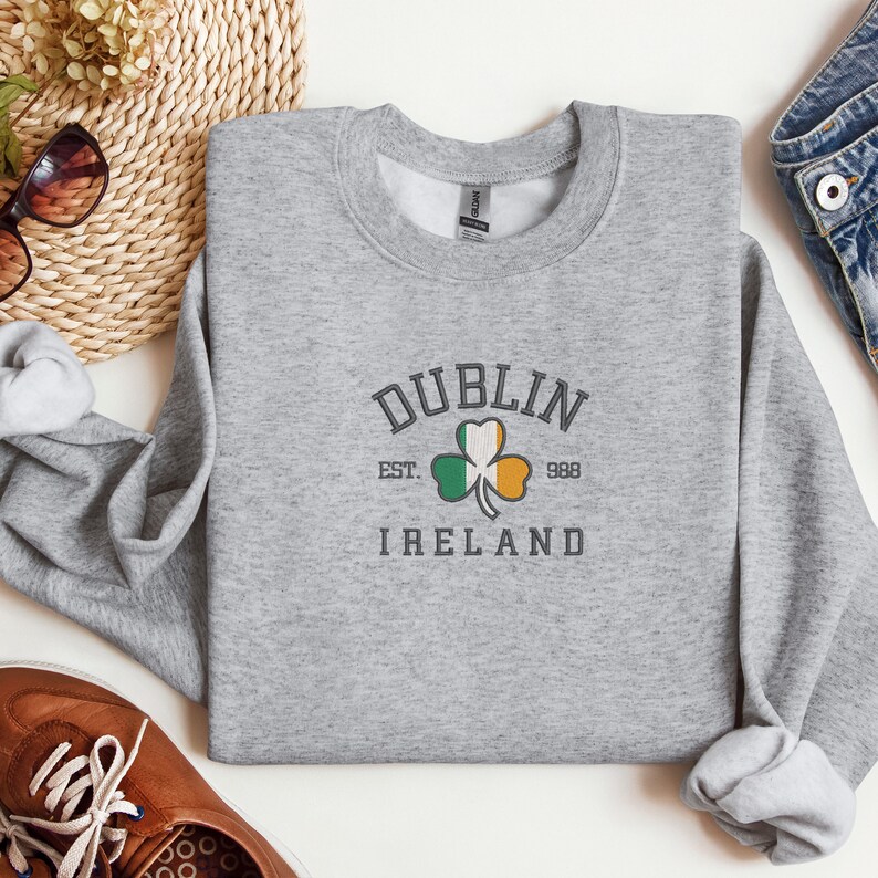 Embroidered Dublin Ireland Crewneck Irish Flag Shamrock Design Irish
