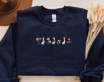 Embroidered Geese Crewneck: Cottagecore Floral Sweatshirt