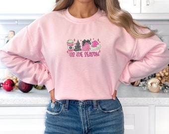 Pink Christmas Crewneck with Embroidered Festive Design | Tis the Season Crewneck | Embroidered Christmas Shirt