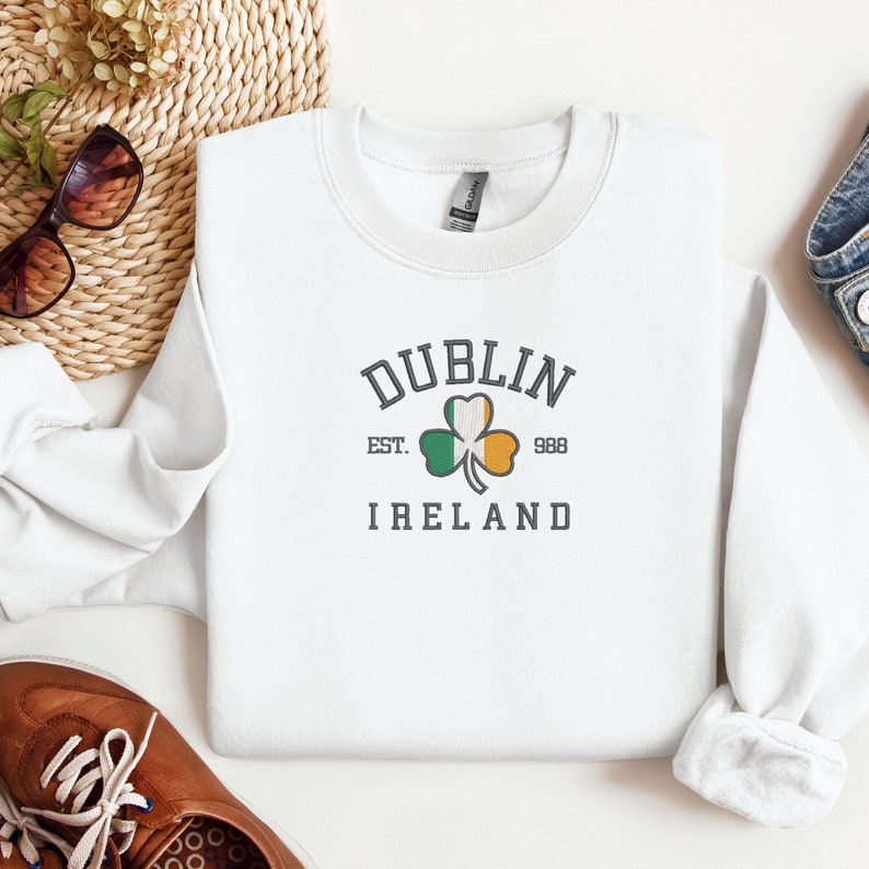 Embroidered Dublin Ireland Crewneck Irish Flag Shamrock Design Irish