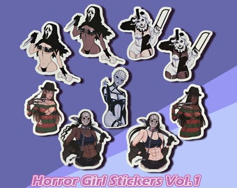 May include: A set of ten horror girl stickers featuring various characters from popular horror movies. The stickers are printed on high-quality vinyl and are waterproof and durable. The stickers are perfect for decorating laptops, water bottles, notebooks, and more. Horror Girl Stickers Vol. 1