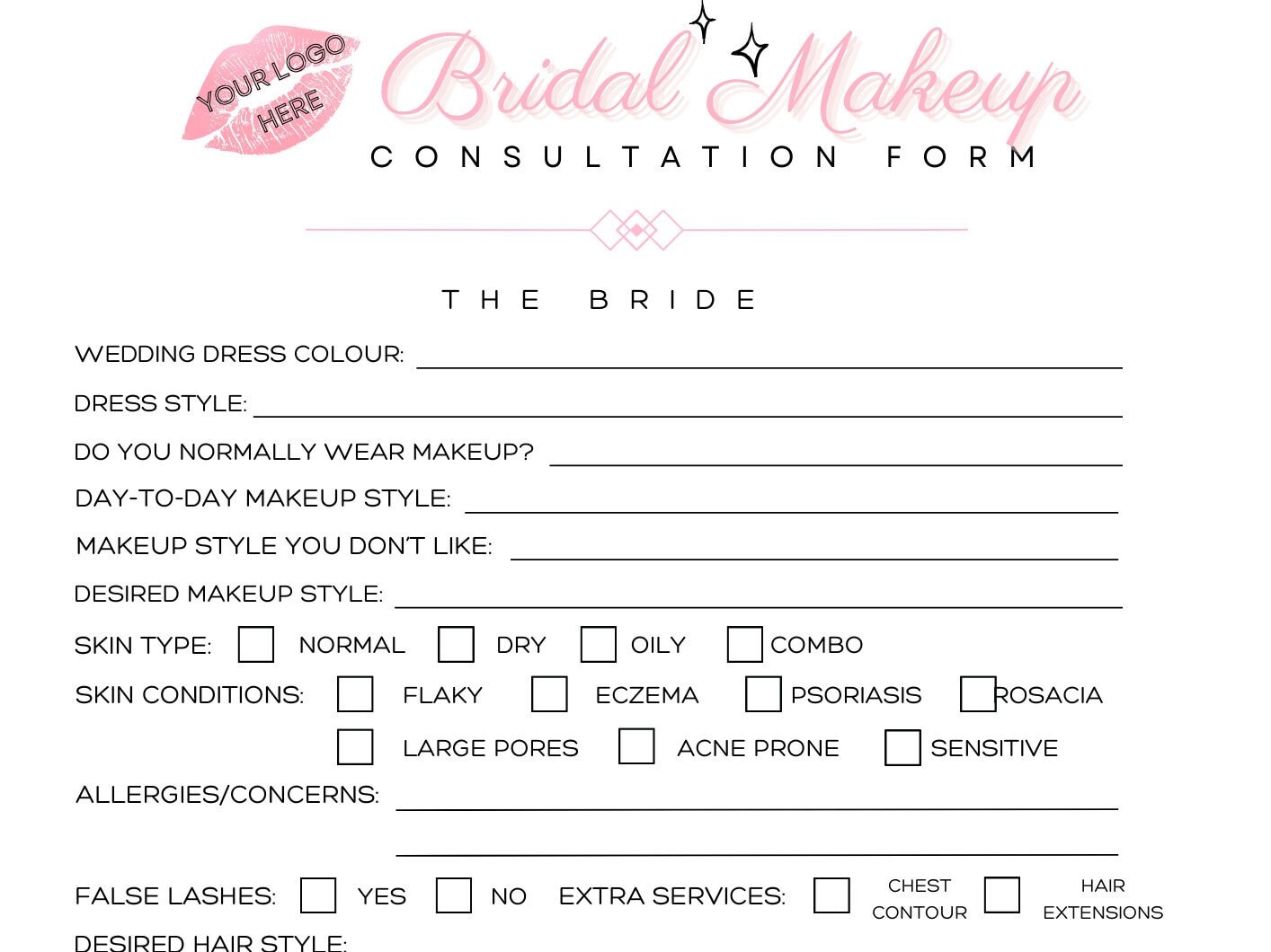 EDITABLE Bridal Makeup Consultation Form Template Bridal - Etsy