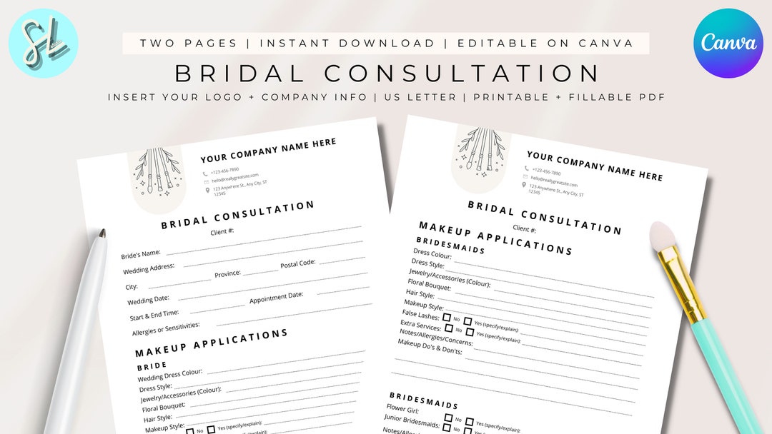 EDITABLE Bridal Consultation Template, Bridal Makeup Contract Template, Makeup Artist Template