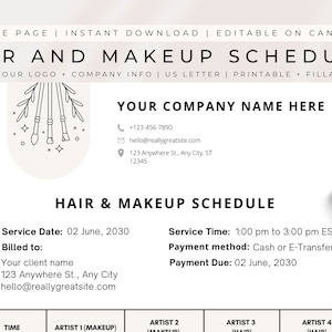 EDITABLE Hair and Makeup Schedule, Wedding Day Hair and Makeup Schedule, Hair and Makeup Artists, Wedding Day Glam Schedule, CANVA TEMPLATE