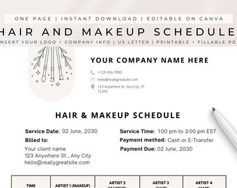 EDITIERBARER Haar- und Make-up-Zeitplan, Hochzeitstag Haar- und Make-up-Zeitplan, Haar- und Make-up-Künstler, Hochzeitstag Glam-Zeitplan, CANVA TEMPLATE