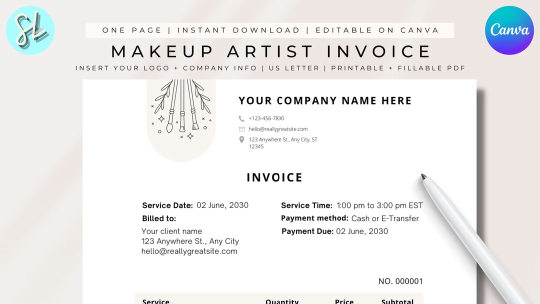 EDITABLE Invoice, Business Invoice, Makeup Invoice, Hair and Makeup