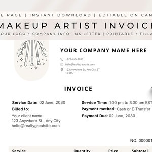 May include: A black and white printable invoice template for makeup artists. The template includes a space for your company name, contact information, service date, service time, payment method, payment due date, and a table for listing services, quantities, prices, and subtotals. The template also features a decorative illustration of makeup brushes.