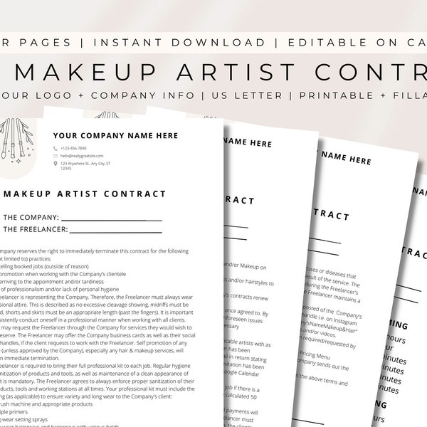 EDITABLE 2023 Makeup Artist Contract, Subcontract Makeup Artists, Freelance Makeup Artist, Makeup Artist Contract & Policies, CANVA TEMPLATE