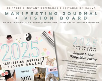 May include: A pink and blue 2025 manifesting journal and vision board with a welcome message and inspirational quotes. The journal is designed to help you create your dream life and align with your goals.