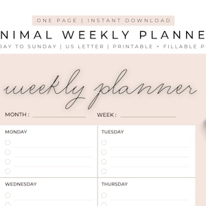 May include: A printable weekly planner with a minimalist design. The planner has sections for each day of the week, Monday through Sunday, with space for writing tasks and notes. The planner is designed for US Letter size paper.