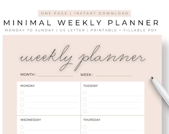 Minimal Weekly Planner | One Page | Printable | Weekly Schedule | Weekly Timetable | Weekly Agenda | US Letter | Instant Download