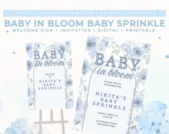 Editable Baby in Bloom Baby Sprinkle Invitation & Welcome Sign | Floral Baby Shower Template | Garden-Themed Digital + Printable Decor CANVA