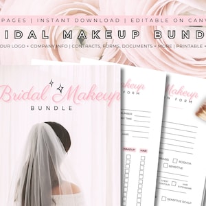 Pacchetto trucco da sposa EDITABLE, modello di moduli MUA da sposa, modulo per truccatore, contratto di trucco da sposa, moduli aziendali MUA, personalizza Canva
