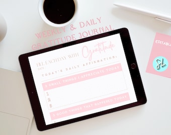 EDITABLE Daily & Weekly Gratitude Journal, Two Page Gratitude Journal, Daily Affirmation, Daily Gratitude Journal With Prompts, CANVA