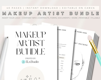 May include: A black and white printable makeup artist bundle with 40 pages. The bundle includes contracts, forms, documents, and more. The text "MAKEUP ARTIST BUNDLE" is in bold, black font. The text "CREATED BY: SLxStudio" is in black font. The bundle is editable on Canva and is printable and fillable.