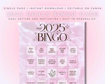 2025 Pink Goals Bingo Card | Digital Download, Printable Goal Tracker, Customizable Template, Manifestation Planner, Vision Board Accessory