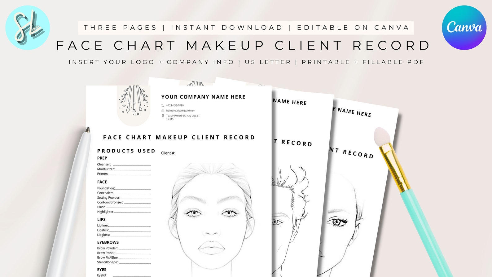 Client Face Card EDITABLE Face Chart Makeup Client Records, Makeup Artist Face Charts ...