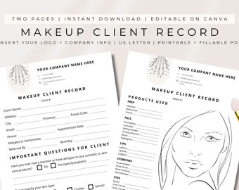 Registro de cliente de maquiagem EDITÁVEL, gráfico de rosto de maquiador, formulário de maquiador, formulário de maquiagem freelance, consulta de maquiagem, MODELO CANVA
