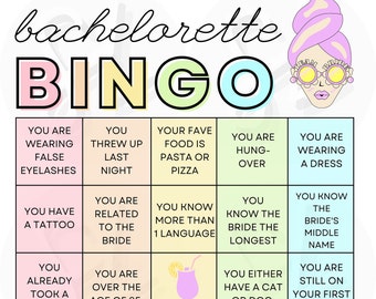 May include: A bachelorette bingo card with a pink, yellow, and blue color scheme. The card has 25 squares with different prompts for a bachelorette party. The card features a cartoon illustration of a woman with a pink ice cream cone on her head and sunglasses.