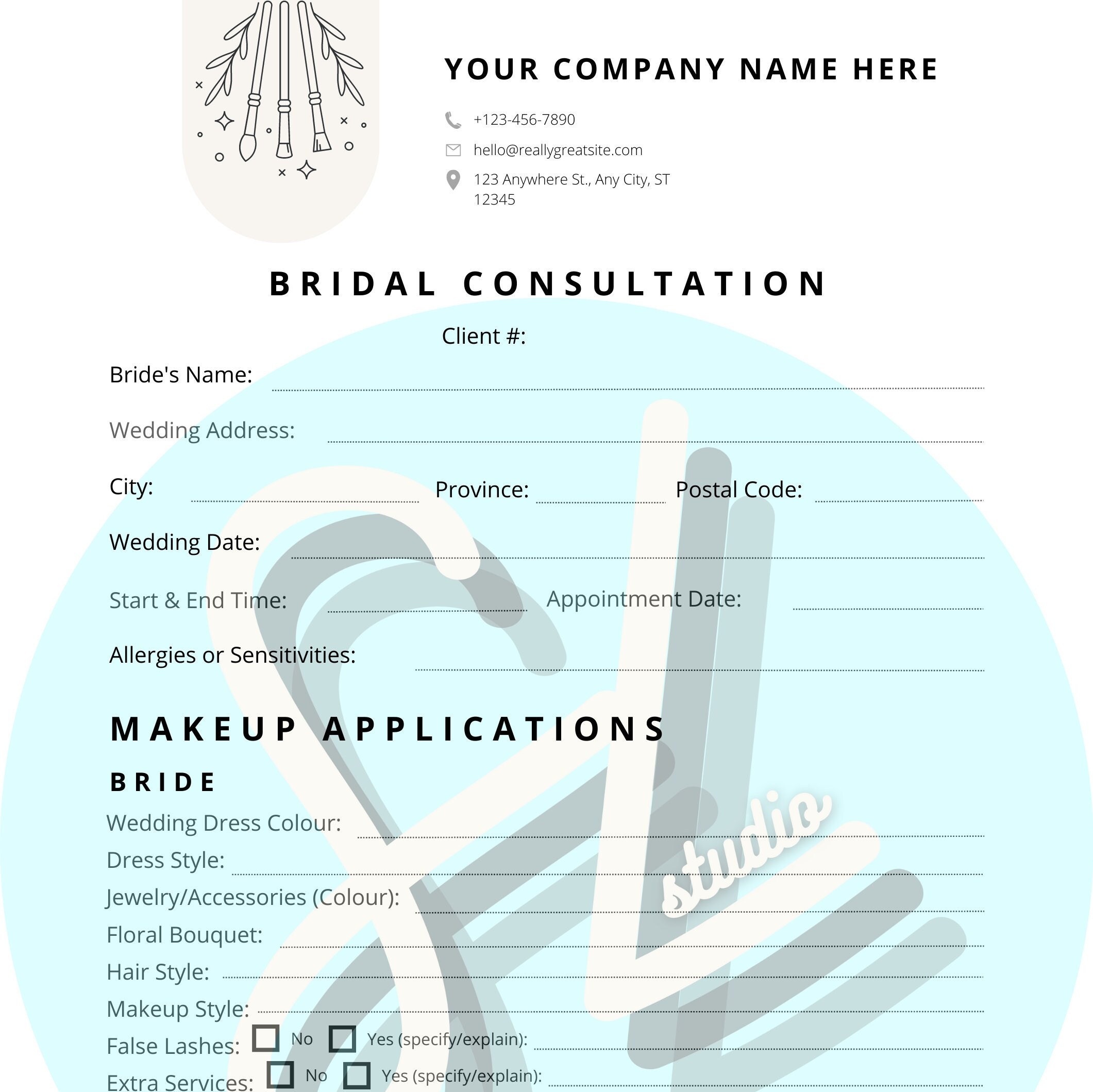 EDITABLE Bridal Consultation Template, Bridal Makeup Contract Template